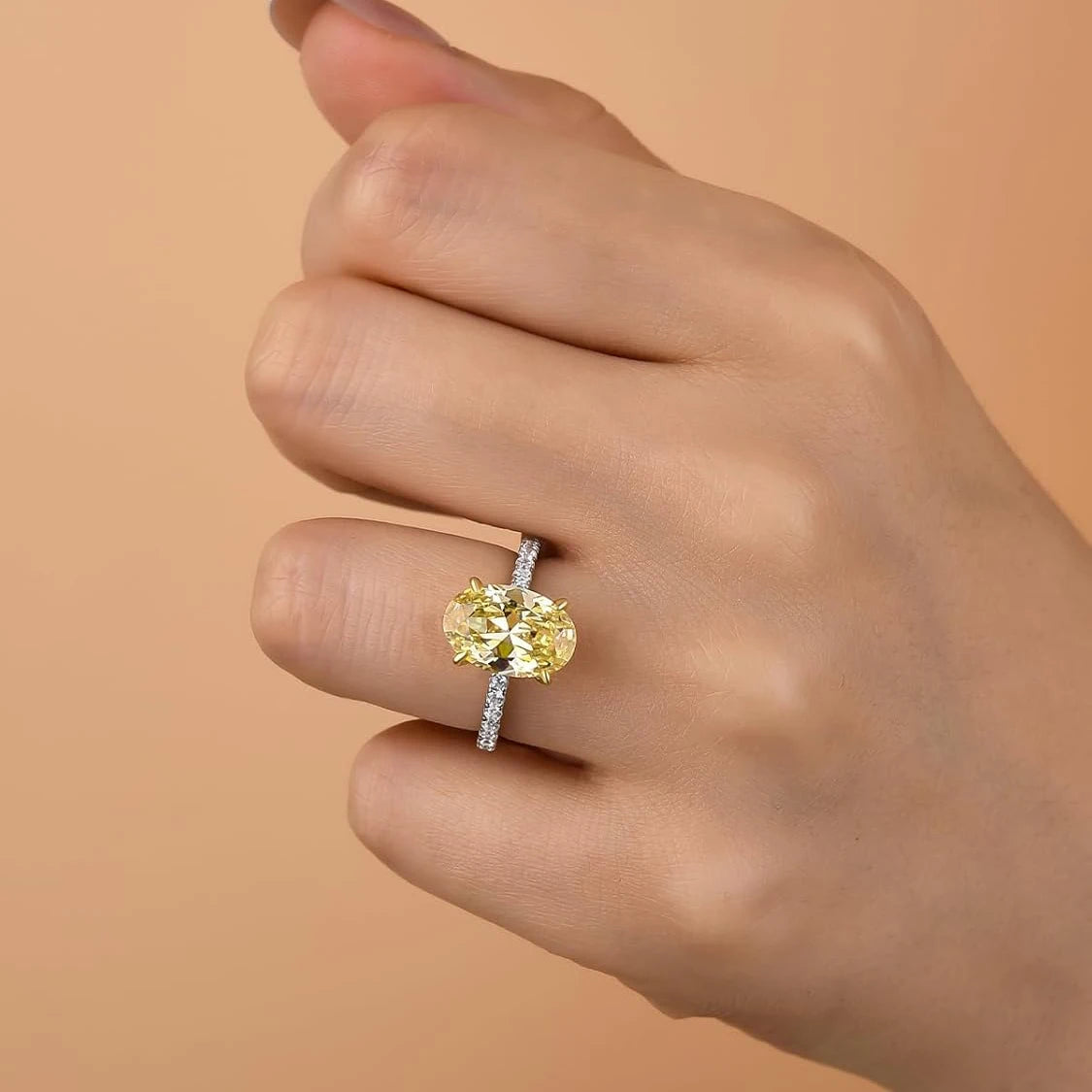 FIRERING 100% S925 Silver 8x12MM Yellow High Carbon Diamond Ring, Women's Eternal Jewelry Gift