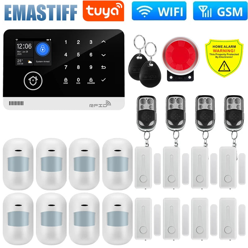Wireless Tuya APP SIM GSM Home RFID Burglar Security LCD Touch Keyboard WIFI GSM Alarm System Sensor kit Russian,Spanish Voice