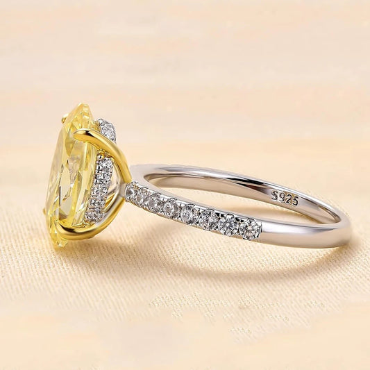 FIRERING 100% S925 Silver 8x12MM Yellow High Carbon Diamond Ring, Women's Eternal Jewelry Gift