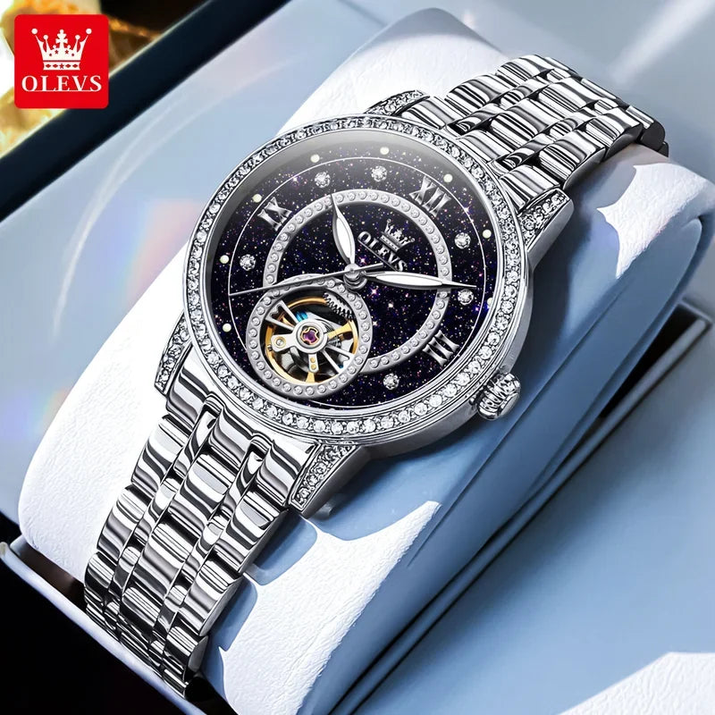 OLEVS Hollow Women's Watch Fully Automatic Mechanical Watch Luxury Diamond Inlaid Starry Sky Elegant Women's Brand Watch 7036