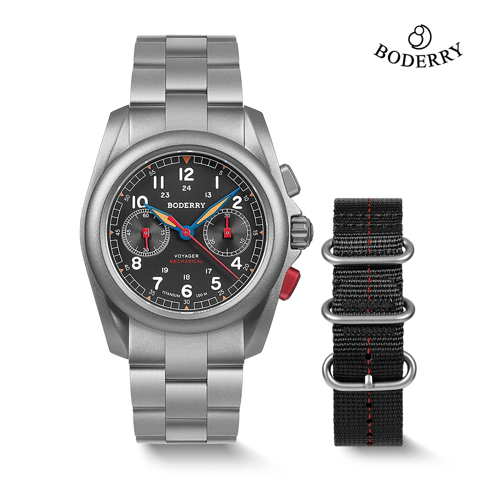 BODERRY Men's Field Watches Titanium Mechanical Chronograph Top Brand Wristwatch 100M Waterproof Clock Military Watch for Men