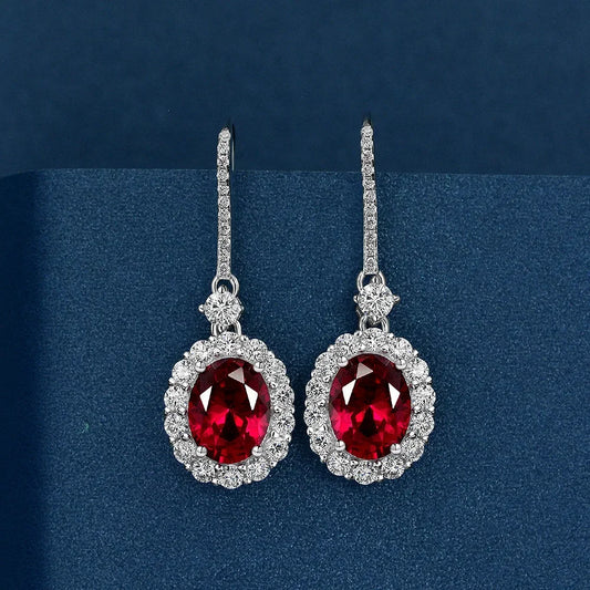 PANSYSEN Vintage 925 Sterling Silver 7x9MM Oval Cut Ruby Sapphire Dangle Drop Earrings for Women Wedding Jewelry Earring Gifts