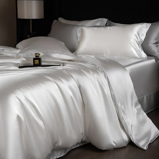 Silk Bed Sheets Set Luxury Bedding Set with Duvet Cover Fitted/Flat Bedheet Pillowcases Mixed with Rayon King Queen Full Twin