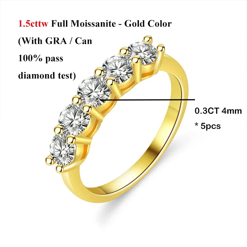 EWYA Real 5-Stone 2.2cttw Full D Color Moissanite Ring for Women Girls S925 Silver Plated 18K Pass Diamond Test Rings Band Gift