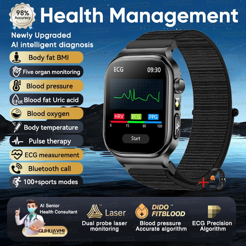 Montre connectée 2025 nouvelle IA de diagnostic de la santé humaine ECG+VFC, tension artérielle, acide urique, lipides sanguins, appels Bluetooth, pour hommes et femmes