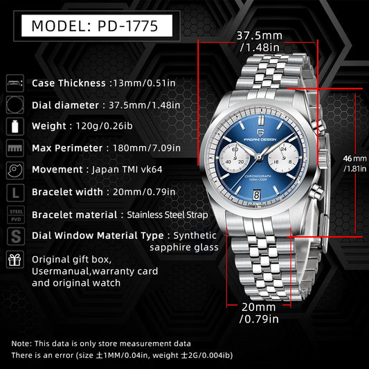 PAGANI DESIGN Fashion Men's Quartz Wristwatches PD1775 Sapphire Glass Stainless steel strap VK64 Movement watch for men