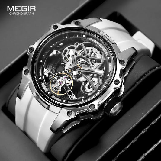 MEGIR Skeleton Dial Automatic Mechanical Watch Men Stainless Steel Case Waterproof Luminous Sport Wristwatch with Silicone Strap