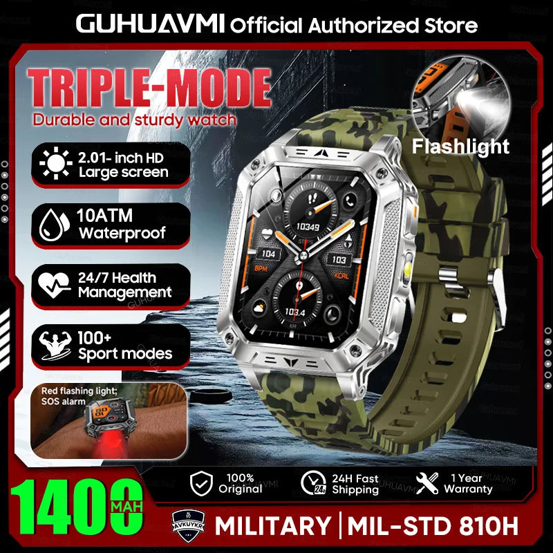 2026 Nouvelle montre connectée militaire d'extérieur, batterie 1400mAh, étanche, appels, écran AMOLED HD 2,01", sport, fréquence cardiaque, lampe torche, bracelet intelligent pour hommes