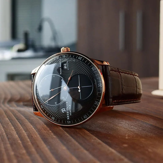 Reef-Tiger /RT Men Luxury Watch Rose Gold Mechanical Watch Brown Leather Strap Analog Watches Relogio Masculino RGA82B0