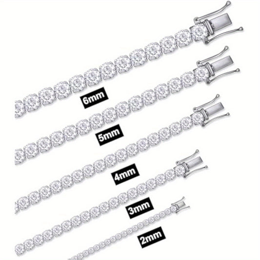 1pc 2-6Mm Moissanite Tennis Bracelet, 2.4-26.2Ct Round Laboratory Synthetic Moissanite, 925 Sterling Silvery for Men And Women, 6.5 to 20.32 cm in Length