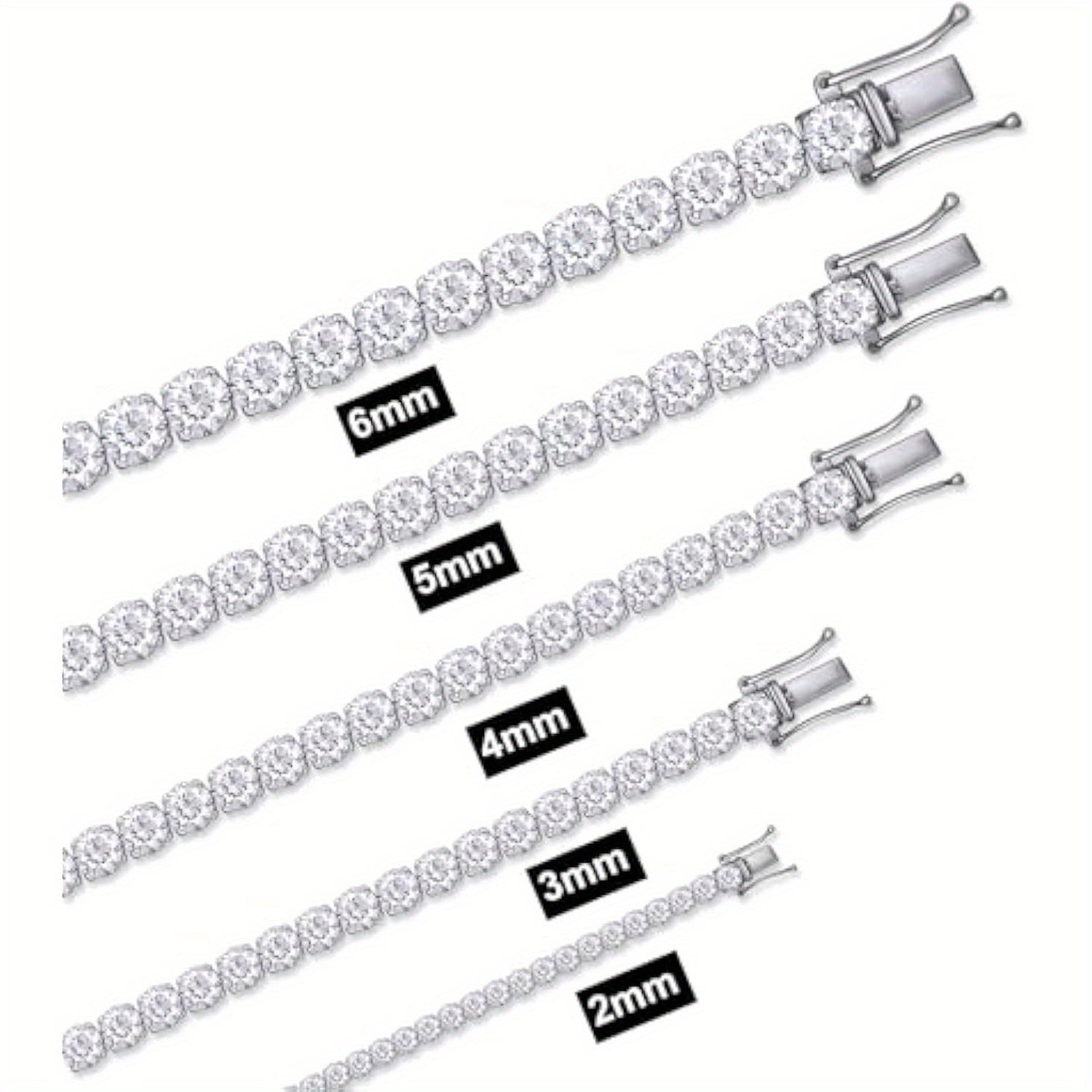 1pc 2-6Mm Moissanite Tennis Bracelet, 2.4-26.2Ct Round Laboratory Synthetic Moissanite, 925 Sterling Silvery for Men And Women, 6.5 to 20.32 cm in Length