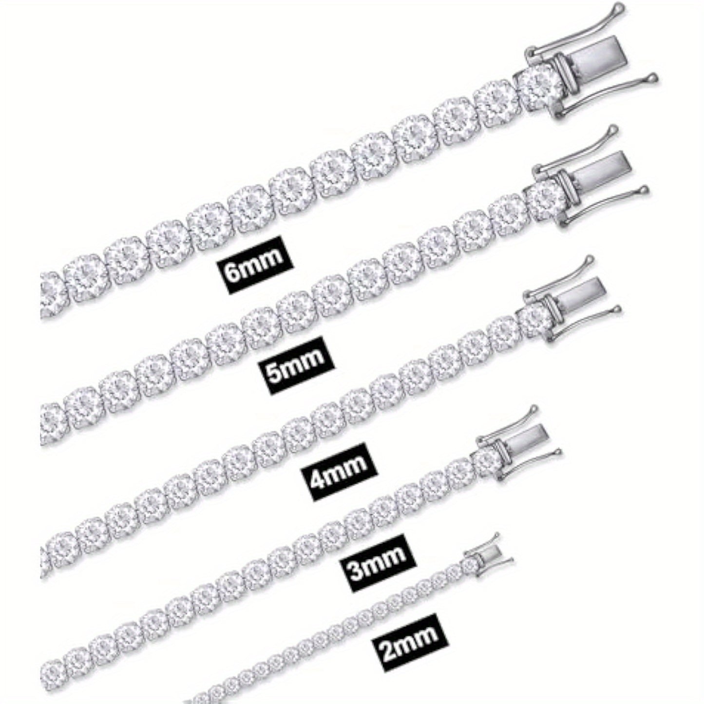 1pc 2-6Mm Moissanite Tennis Bracelet, 2.4-26.2Ct Round Laboratory Synthetic Moissanite, 925 Sterling Silvery for Men And Women, 6.5 to 20.32 cm in Length