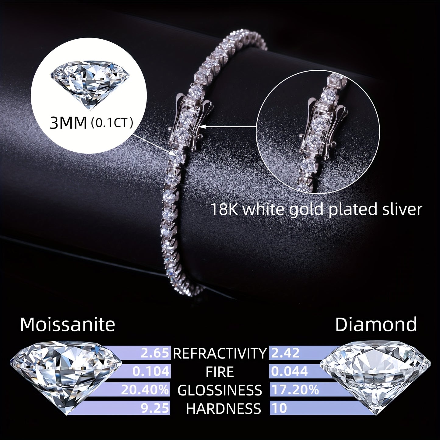 1pc 925 Silver 2/2.5/3mm VVS1 D Color Moissanite Tennis Bracelet with Lobster Clasp - Comfortable to Wear, Ideal for Birthdays and Parties, Comes with Gift Box, Perfect for Valentine'S Day, Daily Wear, and Special Occasions,
