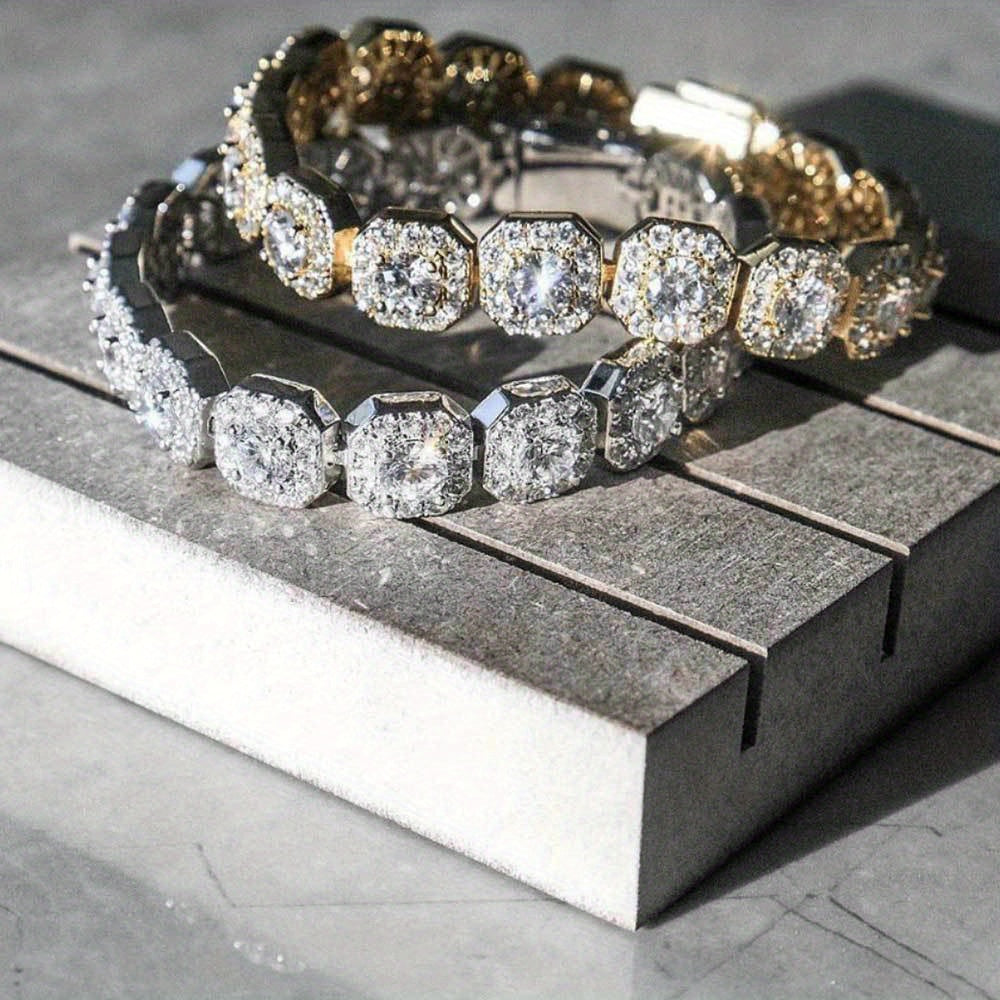 LYEE CYEE Men'S Hip Hop Style Sugar Cube Bracelet - Elegant Copper Band with Sparkling Synthetic Cubic Synthetic Zircon, Versatile Fashion Accessory for Casual or Party Wear, Hip Hop Bracelet