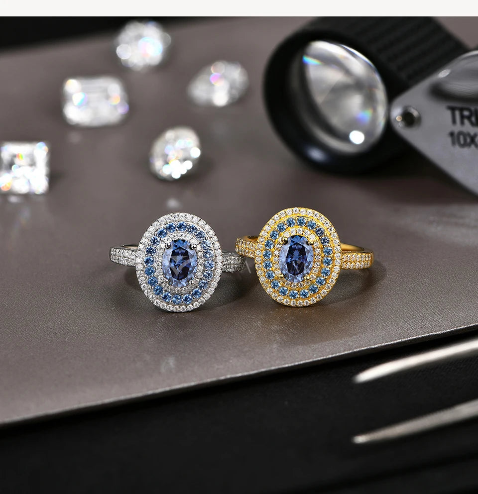 ATTAGEMS Blue Moissanite Women Rings Oval Cut 1.0CT Real S925 Sterling Silver Jewelry For Wedding Engagement Ring With Certified