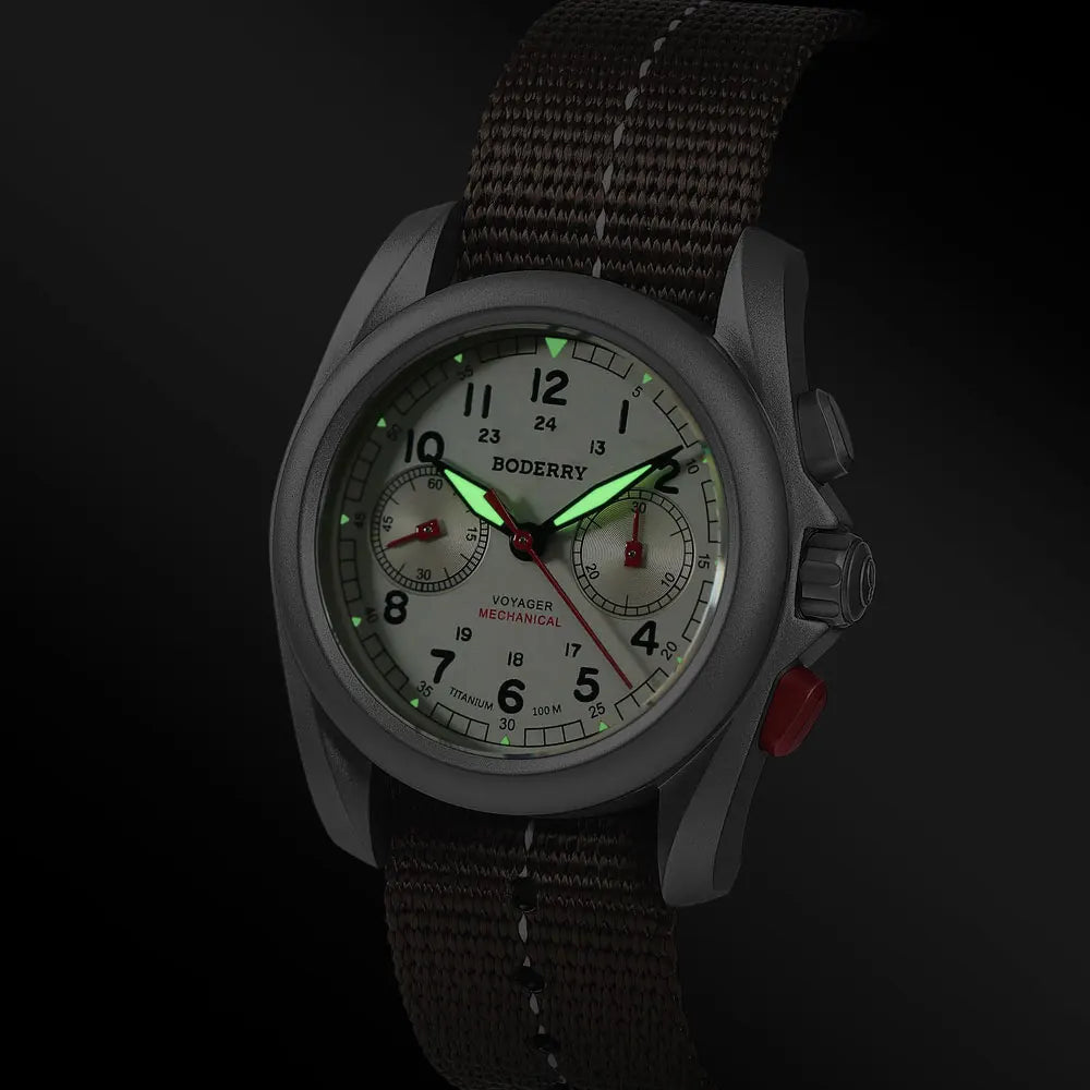 BODERRY Men's Field Watches Titanium Mechanical Chronograph Top Brand Wristwatch 100M Waterproof Clock Military Watch for Men