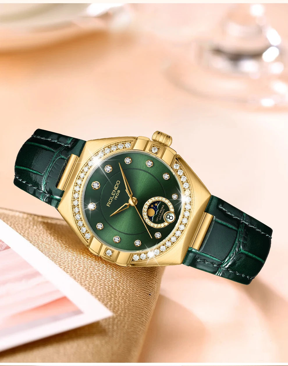 ROLENDO Constellation Style Automatic Women's Watch Secret Emerald Strap Green Dial Day-Date Sapphire Crystal Waterproof Elegant