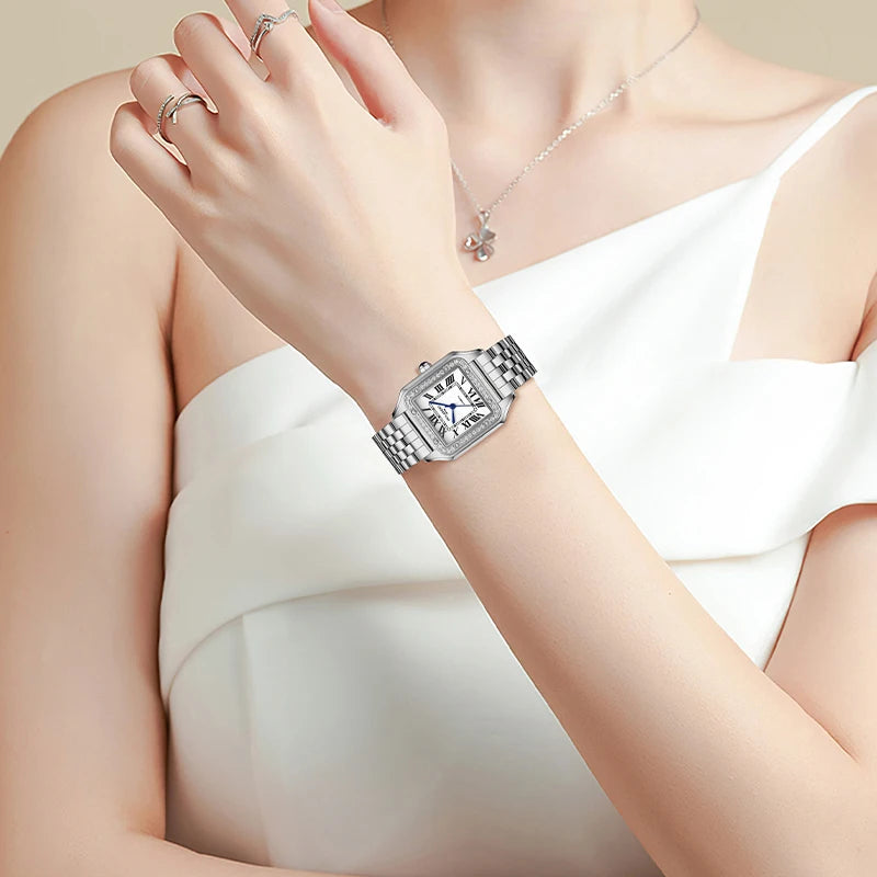 ROLENDO Luxury Gold Square Watch for Santos 33mm Diamond-Set Sapphire Crystal Roman Scale 5ATM Women's Automatic Wristwatch Gift