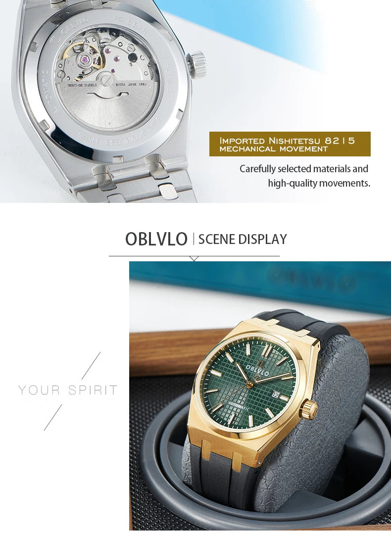 OBLVLO Luxury Mens Watch 316L Stainless Steel Mechanical Watches Luminous 50M Waterproof Automatic Casual Watch for Men TM-SIM