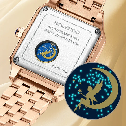 ROLENDO Luxury Gold Square Watch for Santos 33mm Diamond-Set Sapphire Crystal Roman Scale 5ATM Women's Automatic Wristwatch Gift