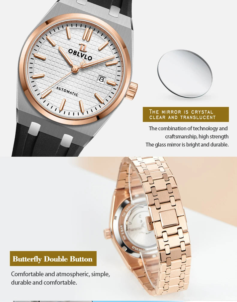 OBLVLO Luxury Mens Watch 316L Stainless Steel Mechanical Watches Luminous 50M Waterproof Automatic Casual Watch for Men TM-SIM
