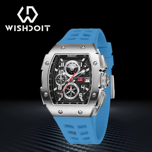WISHDOIT NH35 Men's Chronograph Luxury Tonneau Design Features with Calendar Date Glowing 50m Depth Waterproof FKM Rubber Strap