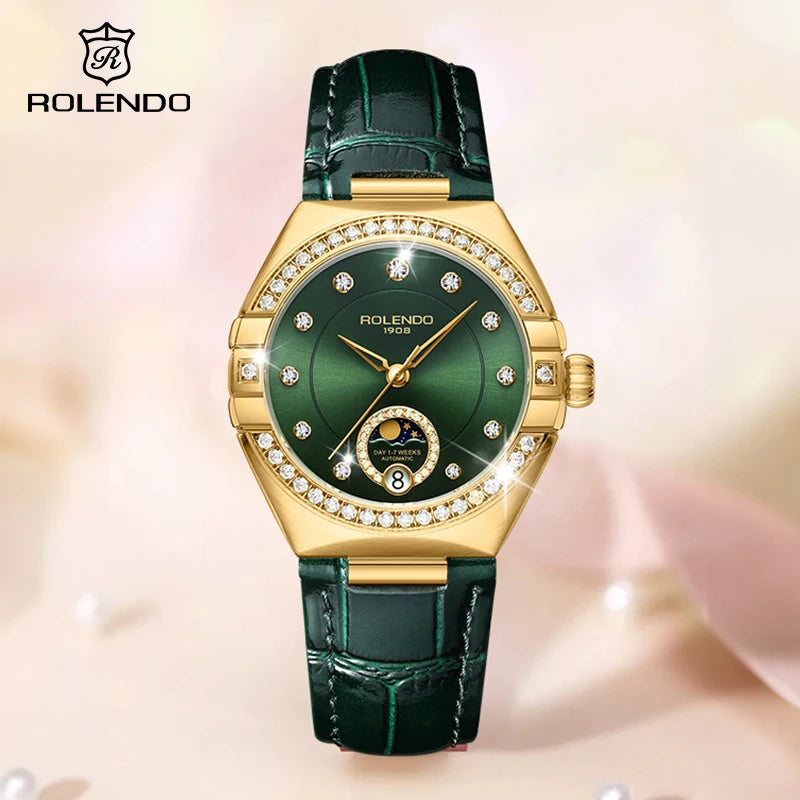 ROLENDO Constellation Style Automatic Women's Watch Secret Emerald Strap Green Dial Day-Date Sapphire Crystal Waterproof Elegant