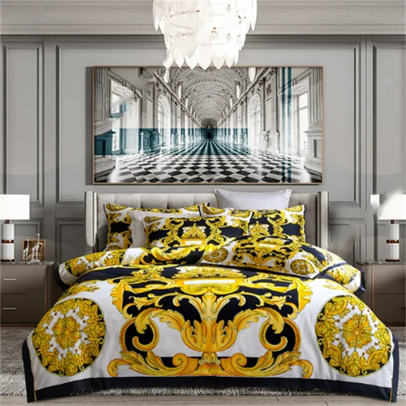 Luxury Bedding set Modern Style Digital Printing polyester fiber Fabric Duvet Cover Fitted Sheet Pillowcases Home Textile