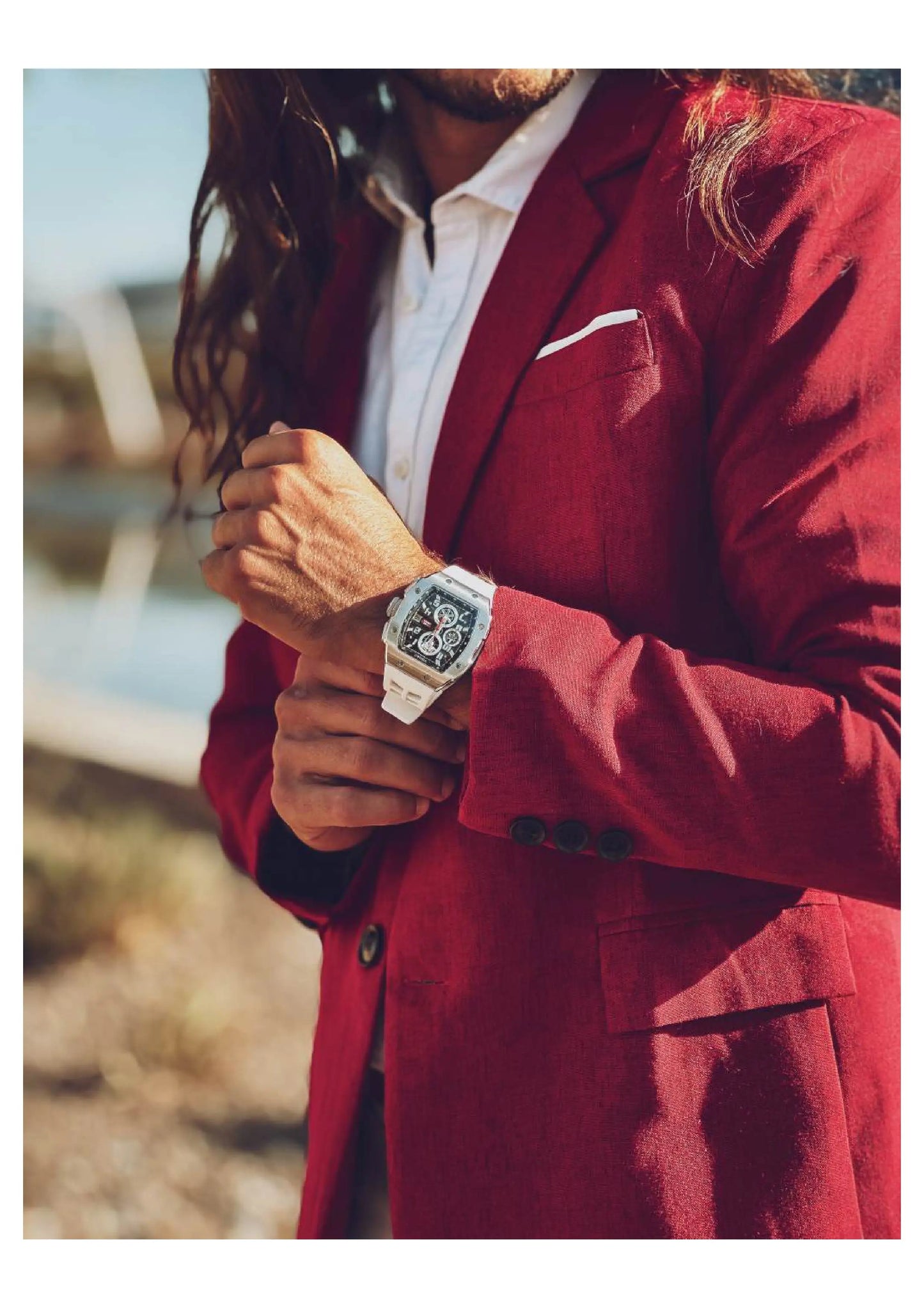 WISHDOIT NH35 Men's Chronograph Luxury Tonneau Design Features with Calendar Date Glowing 50m Depth Waterproof FKM Rubber Strap