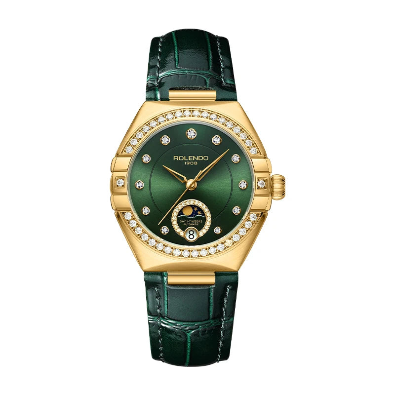 ROLENDO Constellation Style Automatic Women's Watch Secret Emerald Strap Green Dial Day-Date Sapphire Crystal Waterproof Elegant
