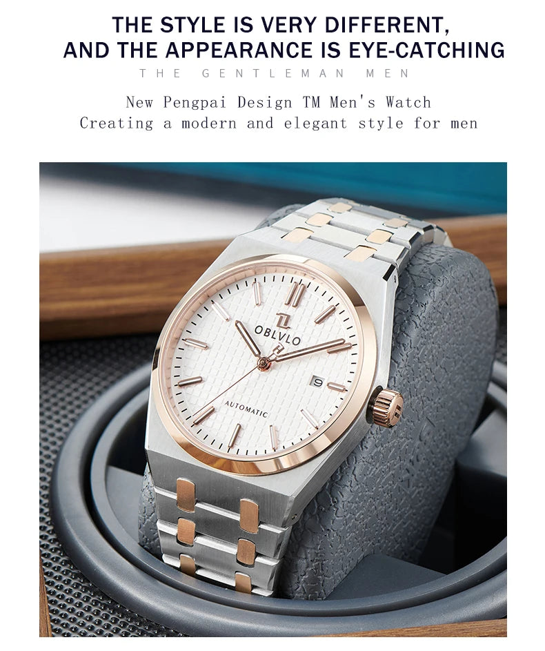 OBLVLO Luxury Mens Watch 316L Stainless Steel Mechanical Watches Luminous 50M Waterproof Automatic Casual Watch for Men TM-SIM