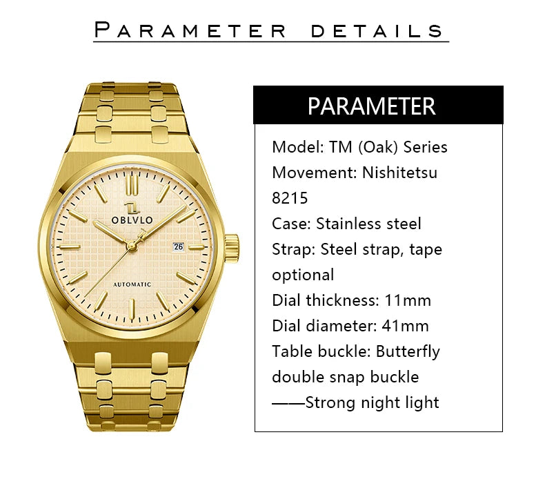 OBLVLO Luxury Mens Watch 316L Stainless Steel Mechanical Watches Luminous 50M Waterproof Automatic Casual Watch for Men TM-SIM
