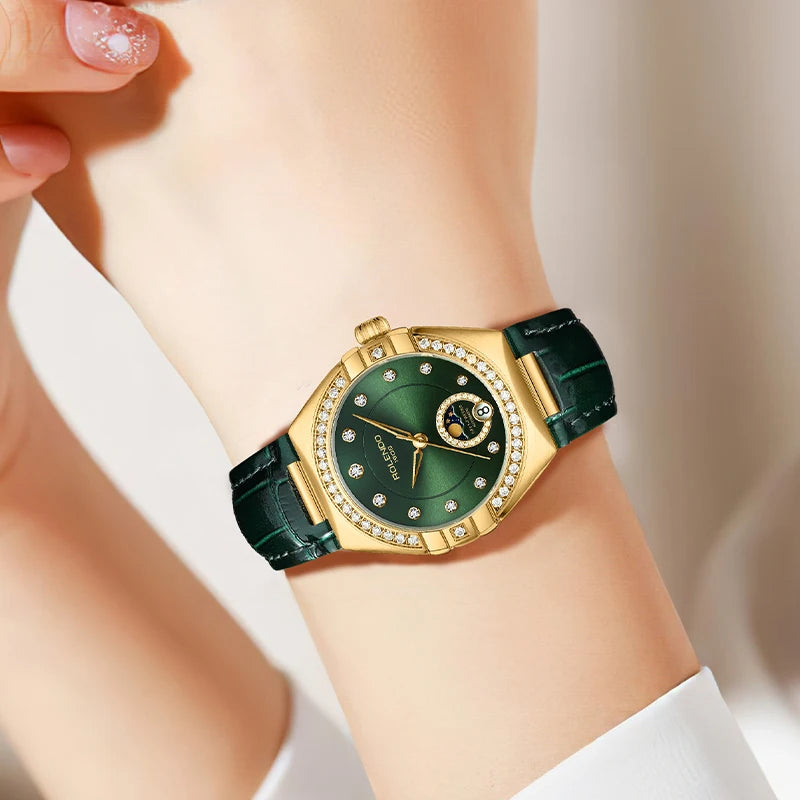 ROLENDO Constellation Style Automatic Women's Watch Secret Emerald Strap Green Dial Day-Date Sapphire Crystal Waterproof Elegant
