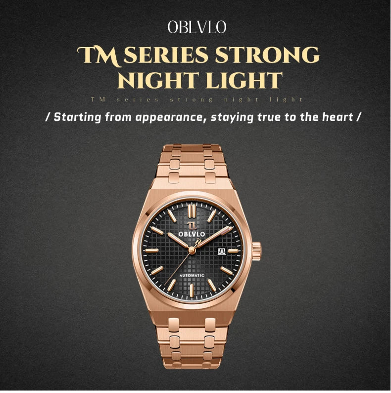 OBLVLO Luxury Mens Watch 316L Stainless Steel Mechanical Watches Luminous 50M Waterproof Automatic Casual Watch for Men TM-SIM