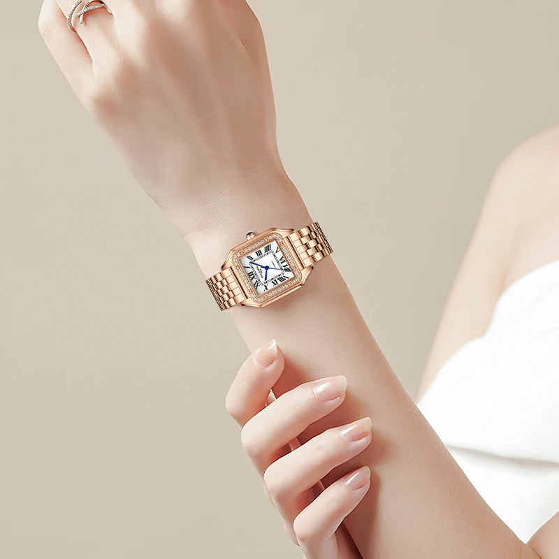 ROLENDO Luxury Gold Square Watch for Santos 33mm Diamond-Set Sapphire Crystal Roman Scale 5ATM Women's Automatic Wristwatch Gift