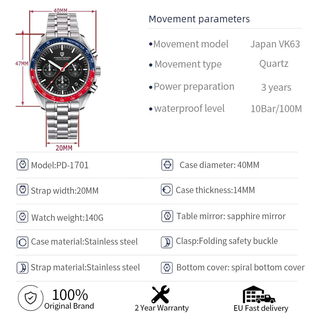 PAGANI DESIGN 2025 New 1701 Mens Watches Luxury Sapphire Bezel Moon Quartz Watch For Men Sport Chronograph Waterproof Wristwatch