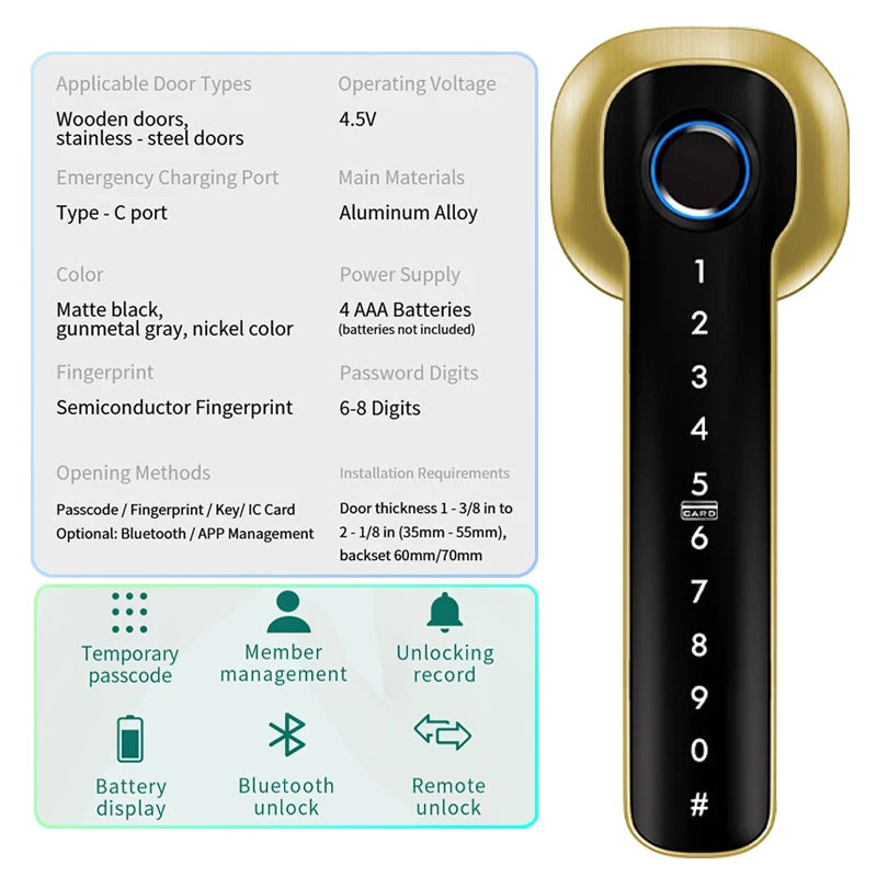 Smart Lock, Suitable for Use in Bedrooms, Garages, Hotels, and Living Rooms, Etc. - A Smart Fingerprint Password Lock