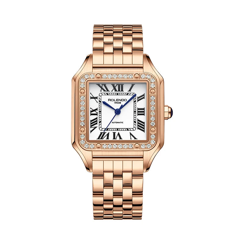 ROLENDO Luxury Gold Square Watch for Santos 33mm Diamond-Set Sapphire Crystal Roman Scale 5ATM Women's Automatic Wristwatch Gift