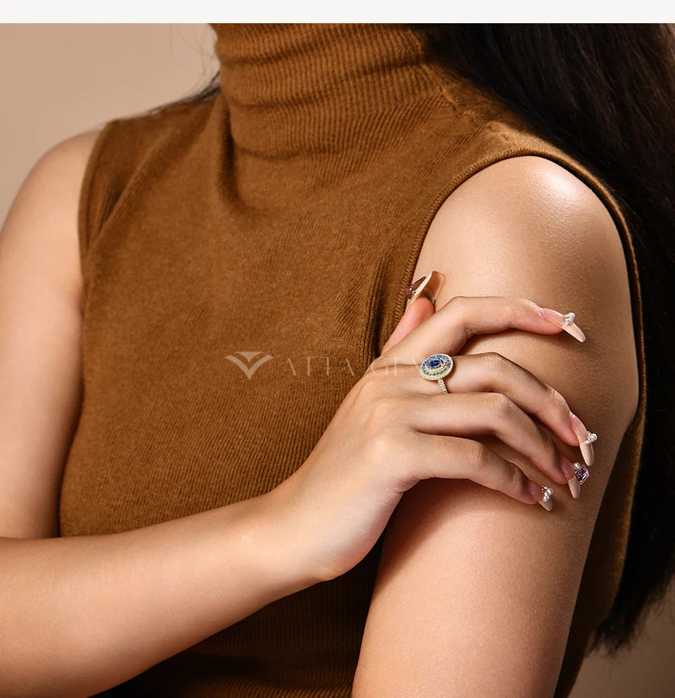 ATTAGEMS Blue Moissanite Women Rings Oval Cut 1.0CT Real S925 Sterling Silver Jewelry For Wedding Engagement Ring With Certified