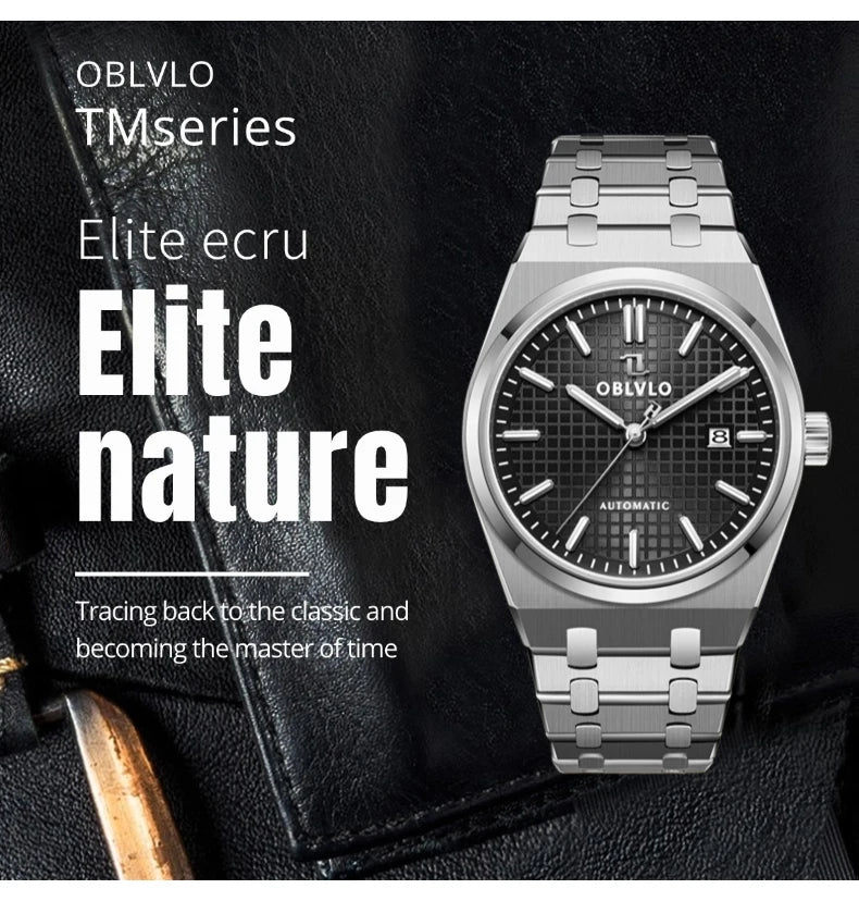 OBLVLO Luxury Mens Watch 316L Stainless Steel Mechanical Watches Luminous 50M Waterproof Automatic Casual Watch for Men TM-SIM