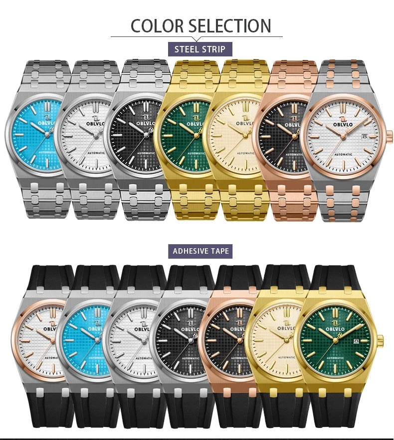 OBLVLO Luxury Mens Watch 316L Stainless Steel Mechanical Watches Luminous 50M Waterproof Automatic Casual Watch for Men TM-SIM
