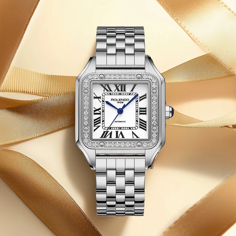 ROLENDO Luxury Gold Square Watch for Santos 33mm Diamond-Set Sapphire Crystal Roman Scale 5ATM Women's Automatic Wristwatch Gift