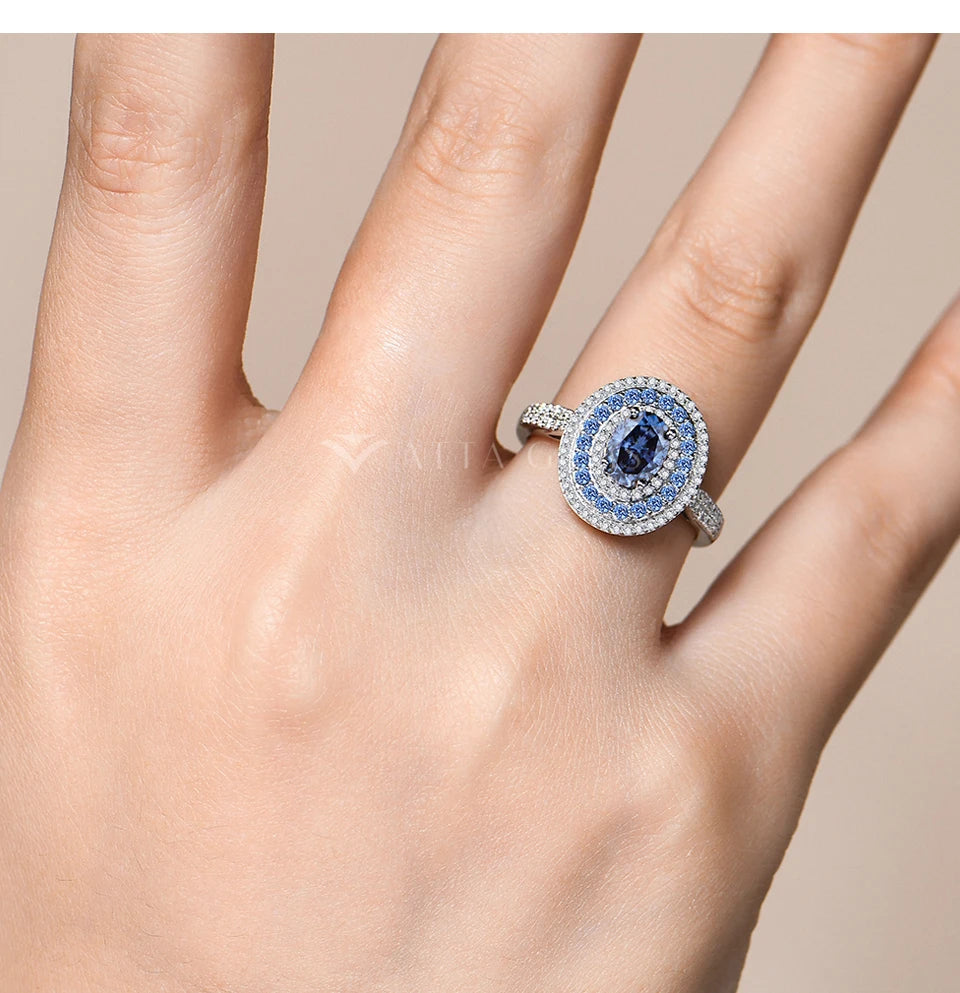 ATTAGEMS Blue Moissanite Women Rings Oval Cut 1.0CT Real S925 Sterling Silver Jewelry For Wedding Engagement Ring With Certified