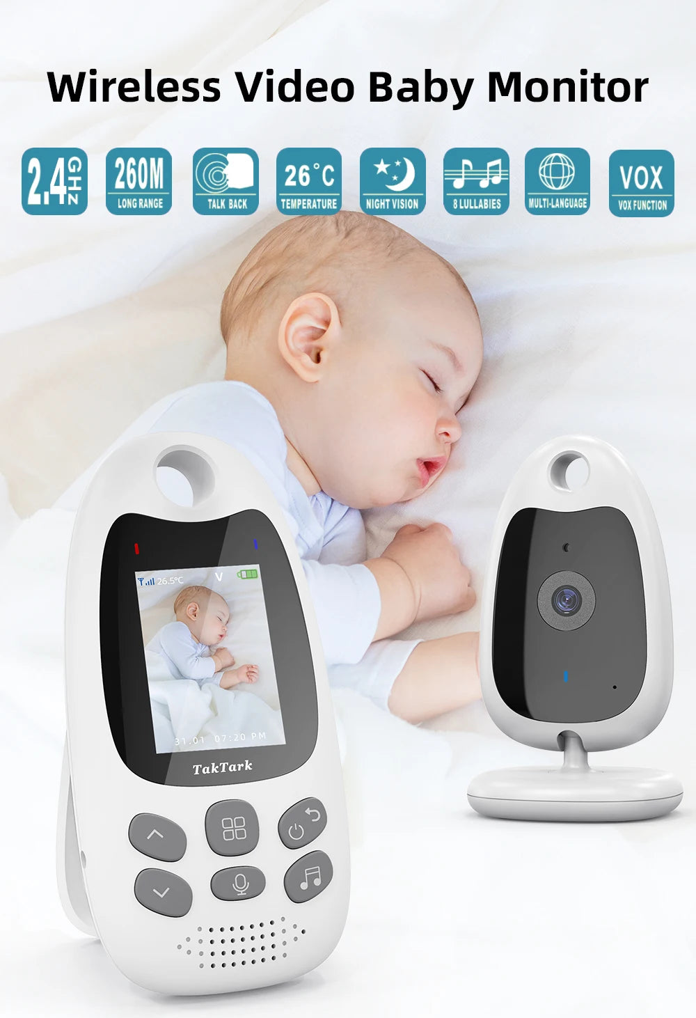 Wireless Video Baby Monitor 2.0 2.8 inch Color  Security Camera 2 Way Talk Night Vision IR LED Temperature Monitoring 8 Lullaby