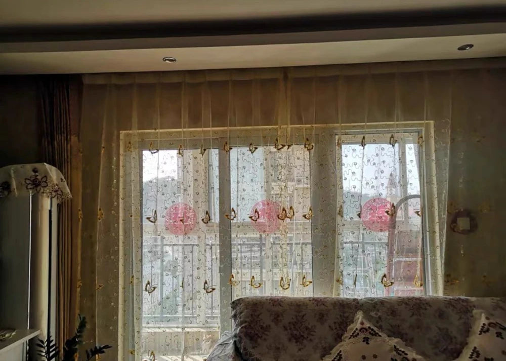 Romantic Modern Embroidered Sequins Butterfly Rustic Sheer Purple Voile Curtains for Living Room Bedroom Kitchen   344&C