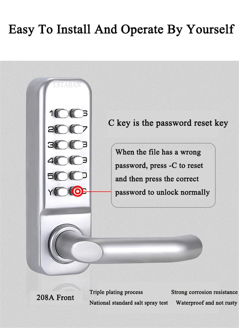 Silver Long Handle Keyless Mechanical Digital Door Lock Password Keypad Home Garden Yard Wooden Iron Gate Lock Pushbutton