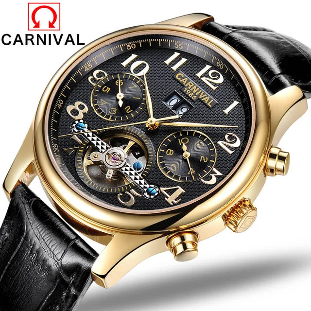 Carnival Brand Luxury Tourbillon Watches Leather Calendar Week Month High-End Mechanical Watch Business Men Automatic Clock