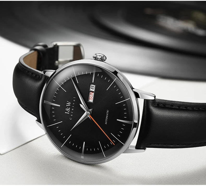 Japan MIYOTA Automatic Watch 3D Curved Sapphire Mechanical Wristwatches Waterproof Leather Strap Double Calendar Watches for Men