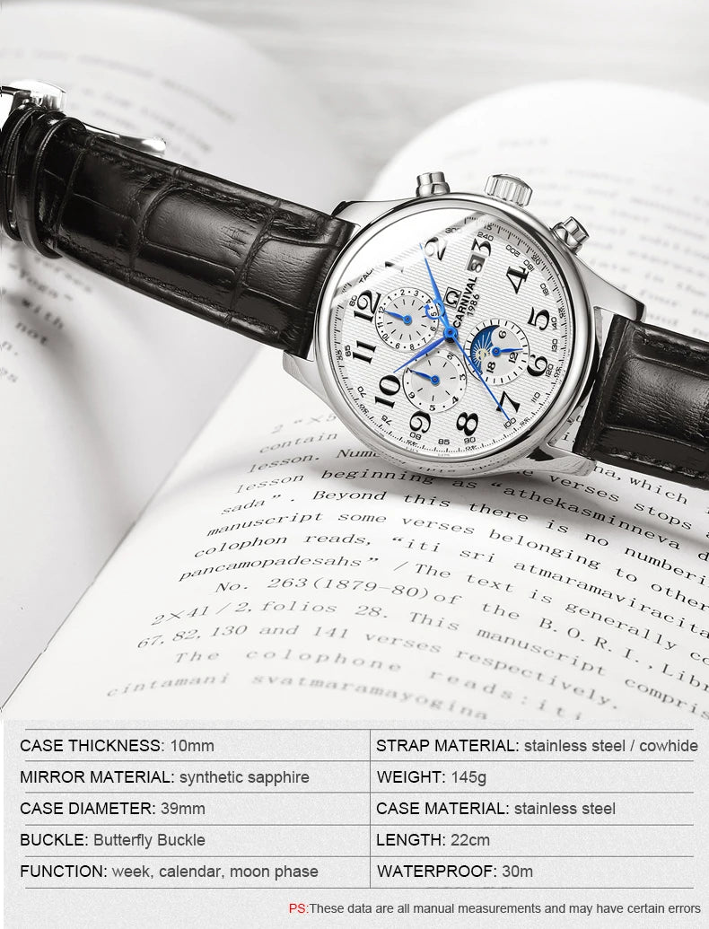 Carnival Brand Automatic Watch Fashion Luxury Waterproof Calendar Moon Phase Mechanical Watches For Men Clock Relogio Masculino