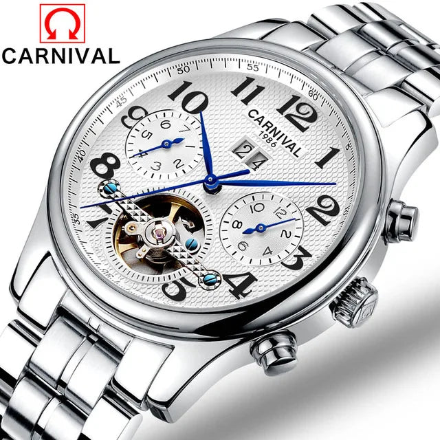 Carnival Brand Luxury Tourbillon Watches Leather Calendar Week Month High-End Mechanical Watch Business Men Automatic Clock